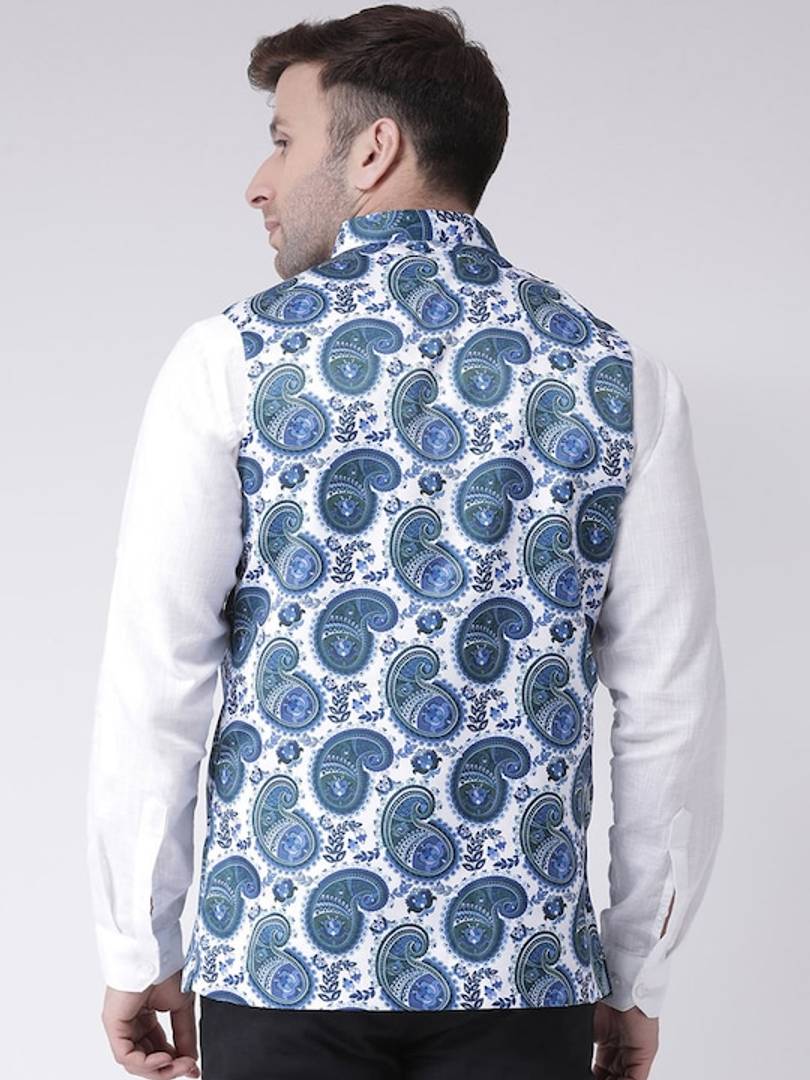 Men's White Viscose
 Printed Nehru Jackets